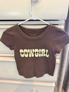 Brandy Melville Brown Tee with Cream "COWGIRL" Graphic